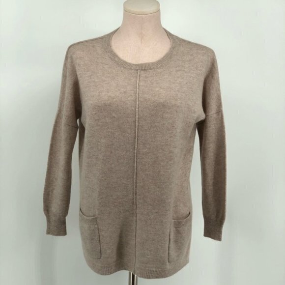Premise 100% Cashmere Sweater 3/4‎ Sleeve Pockets Beige Womens Size S Crewneck - Picture 1 of 5